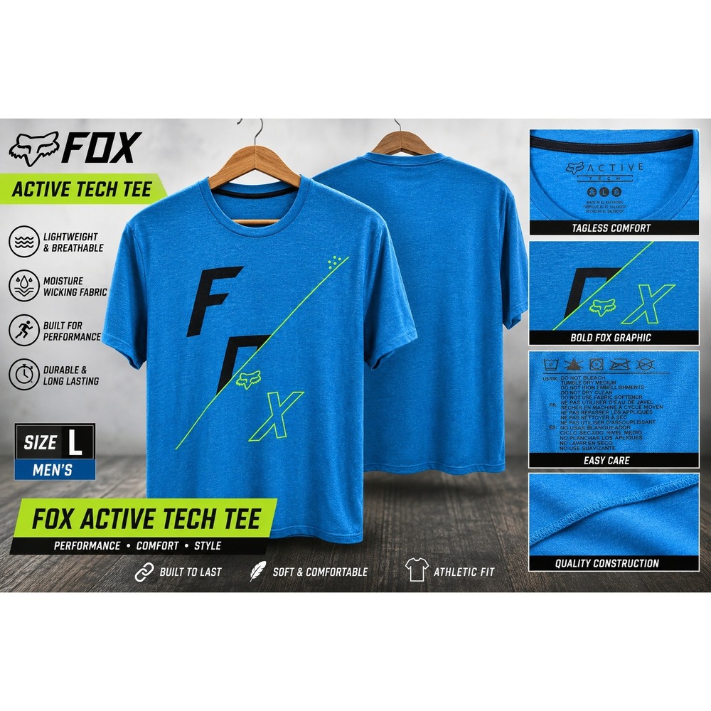 Fox Racing Active Tech T-Shirt Mens Lg Blue Graphic Motocross MTB Short Sleeve
